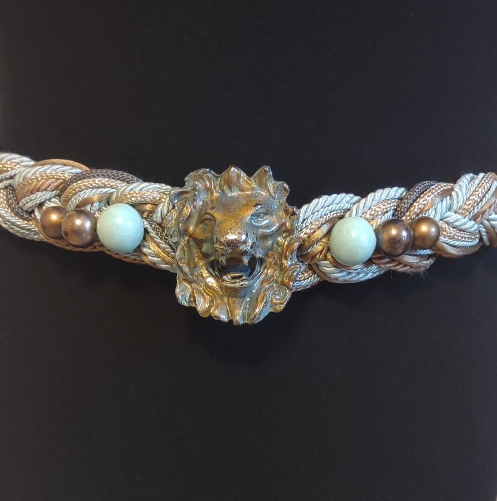 Vintage 1980s CAROLYN TANNER DESIGNS Brass Lion Head Braided Adjustable Belt